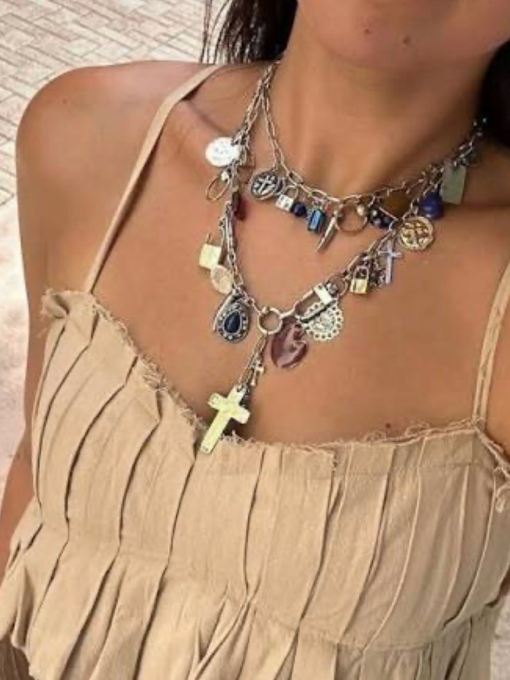 Free People Silver Layered Charm Necklace with Blue Accents